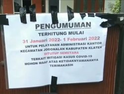 Kantor Kecamatan Jogonalan Ditutup, Karena 1 Orang ASN Terpapar Virus Covid 19.