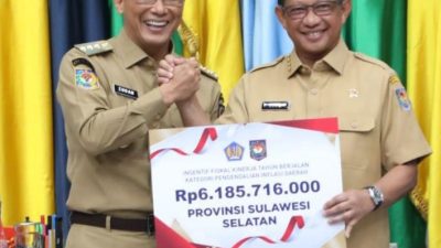 Terbaik Dalam Pengendalian Inflasi, Pemprov Sulsel Terima Insentif Fiskal Rp 6,1 Miliar dari Kementrian Keuangan