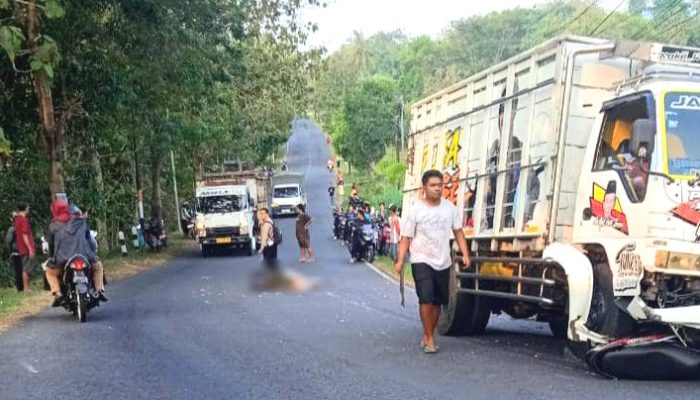Nikung Terlalu ke Kanan, Pemotor Tabrakan dengan Truk di Jalan Semin-Karangmojo