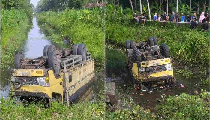 Truk Canter Hilang Kendali di Letter S Garongan, Terjun ke Sungai dan Terbalik Dini Hari