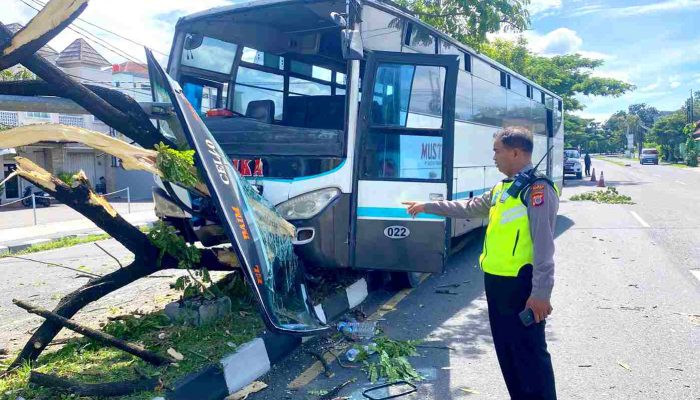 Diduga Hindari Motor, Bus Hino Tabrak Pohon dan Tiang Lampu di Ring Road Selatan