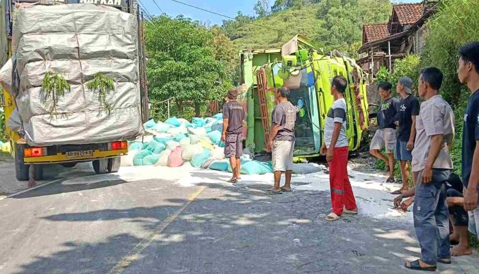 Diduga Rem Blong di Turunan Pok Cucak, Truk Tronton Terguling Hantam Pembatas Jalan