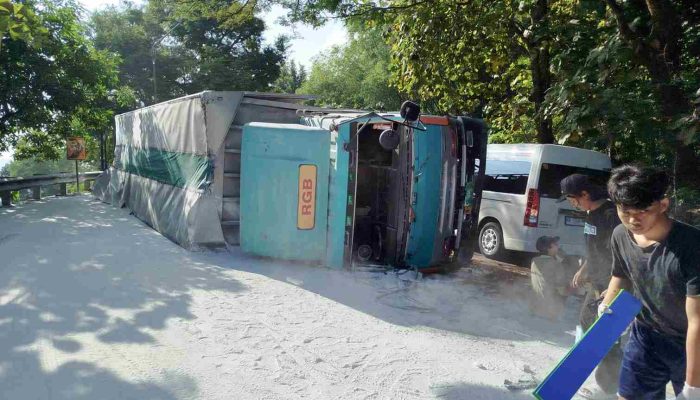 Diduga Hilang Kendali di Jalan Menurun, Truk Tronton Terguling di Piyungan