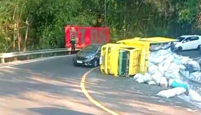 Truk Terguling di Tikungan Bokong Semar, Muatan 9 Ton Gaplek Tutup Sebagian Badan Jalan